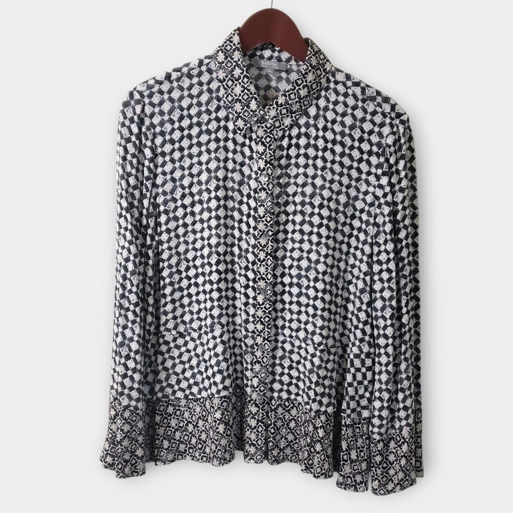 Habitat Clothing Black White Checker Floral Layered Button Up Blouse Shirt Small